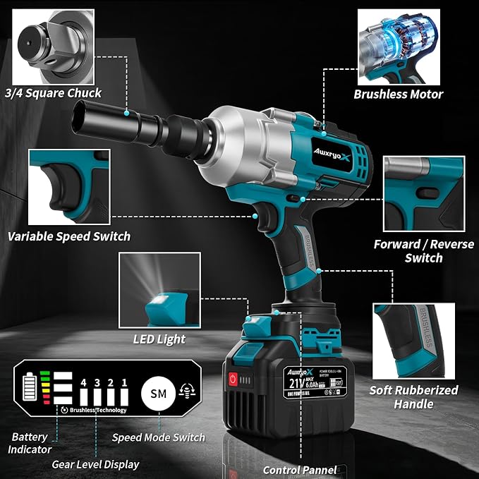 AwxryoX 21V Cordless Impact Wrench,1623Ft-lbs(2200N.m) High Torque Brushless Impact Gun with 2×6.0Ah Battery,3/4" 4 Speed Electric Pistola De Impacto with 1/2 Adapter for Truck/Mower/Car/Industrial
