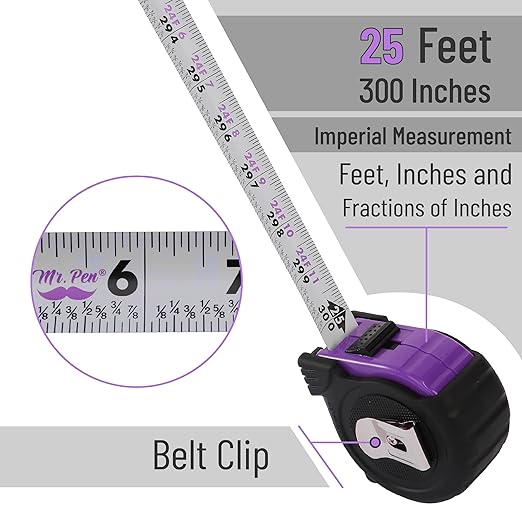Mr. Pen- Retractable Tape Measure 25 ft, Purple, Easy Read, Steel Retractable Measuring Tape with Fractions, Ideal for Construction & DIY Projects
