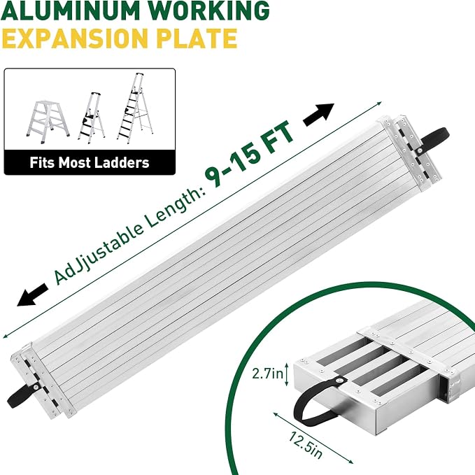 Garvee 9-15FT Aluminum Telescoping Work Plank, 12.5 inch Width Extension Plank, 440Lbs Capacity Extension Boards, Adjustable Scaffolding Plank with Skid-Proof Platform Scaffold Ladder Accessory