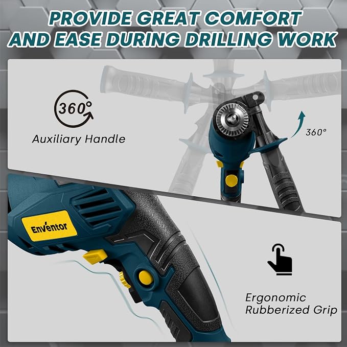 Enventor 7.5 Amp Hammer Drill, 1/2 Inch Electric Drill Hammer, 900W 0-3000RPM Variable Speed, 360° Auxiliary Handle, Lightweight Corded Hammer & Drill 2 in 1 with 9pcs Bit for Metal, Wood, Blue