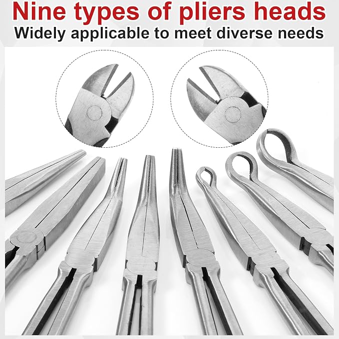 9 Piece 11 Inch Long Reach Pliers Set 45° 90° Bent, Circle, Diagonal Carbon Steel Needle Nose Pliers for Narrow Spaces and Limited Areas (Red)