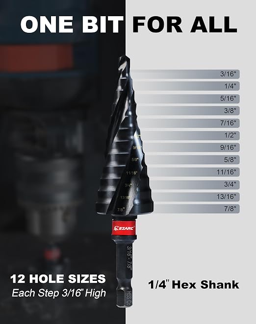 EZARC Step Drill Bit for Metal, M35 Cobalt Step Drill Spiral Flute Unibit Step Drill Bit (3/16''-7/8'') Wear-Resistant AlTiN Coated, 1/4" Hex Shank for Metal, Stainless Steel, Aluminum, Plastic