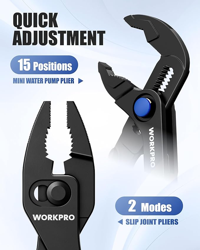 WORKPRO 2-Piece Mini Pliers Set with Pouch, 4-Inch Slip Joint Plier & Water Pump Plier, Heavy-Duty Alloy Steel Adjustable Plier with Anti-Rust Coating, Pocket Pliers for Tight Spaces & Versatile Use