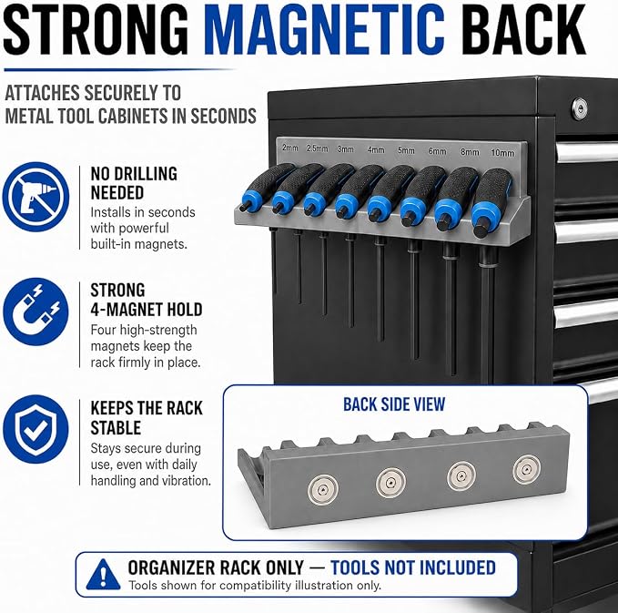 Magnetic T-Handle Hex Key Organizer Rack – Tool Holder for Harbor Freight ICON Style T Handle Wrenches – sae/metric/torx Storage Options (metric)