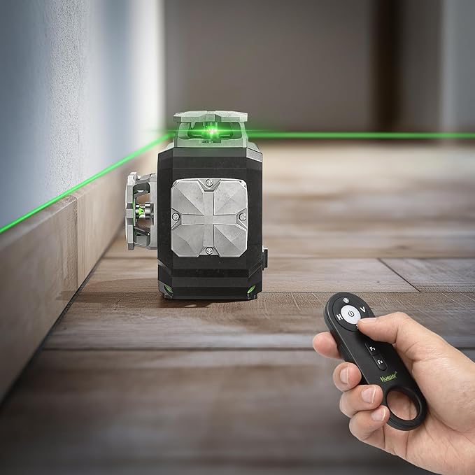 Huepar Laser Level 360 Self Leveling, 3x360° Green 3D Cross Line Laser with LCD Screen, Bluetooth Outdoor Pulse Mode Laser Tool for Construction -Remote Control, Li-ion Battery or 4 AA Batteries-S03CG