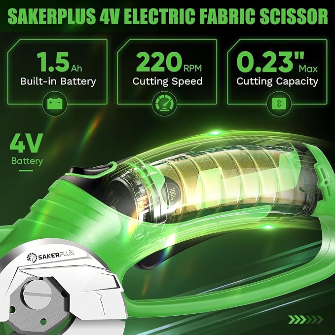 SakerPlus Cordless Electric Scissors,4V Rechargeable Cardboard Box Cutter Heavy Duty Fabric Scissor with Safety Lock & LED Light,Power Rotary Cutter for Leather Carpet Plastic Cutting,Sewing,Crafting