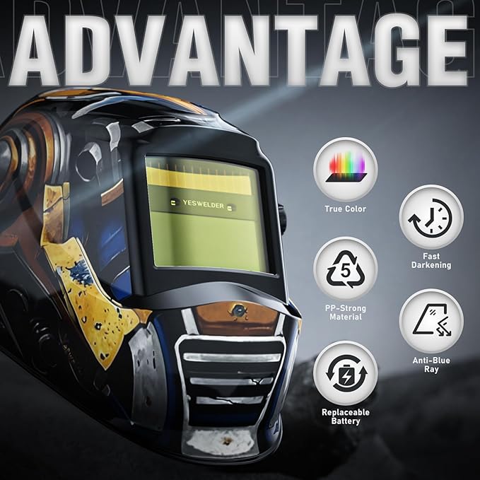YESWELDER Auto Darkening Welding Helmet, Blue Light Blocking, 1/1/1/1 True Color Solar Powered Welding Hood with 2 Arc Sensors, Wide Shade 3.5/9-13 Welder Mask for TIG MIG ARC and Grind