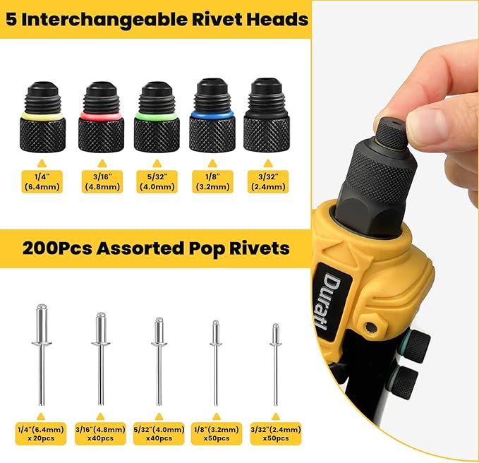 Rivet Gun, 1/4 Pop Rivet Gun Kit with 200 Blind Rivets, 5 Interchangeable Rivet Heads (3/32", 1/8", 5/32", 3/16", 1/4"), Heavy Duty Hand Riveter Tool for Metal, Gutter & Automotive
