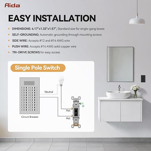 AIDA 20 Pack Single Pole Toggle Light Switch, 15 Amp, 120 Volt, Toggle Framed AC Quiet Switch, in Wall On/Off Switch Replacement, Self-Grounding, Residential and Commercial Grade, UL,Glossy Black