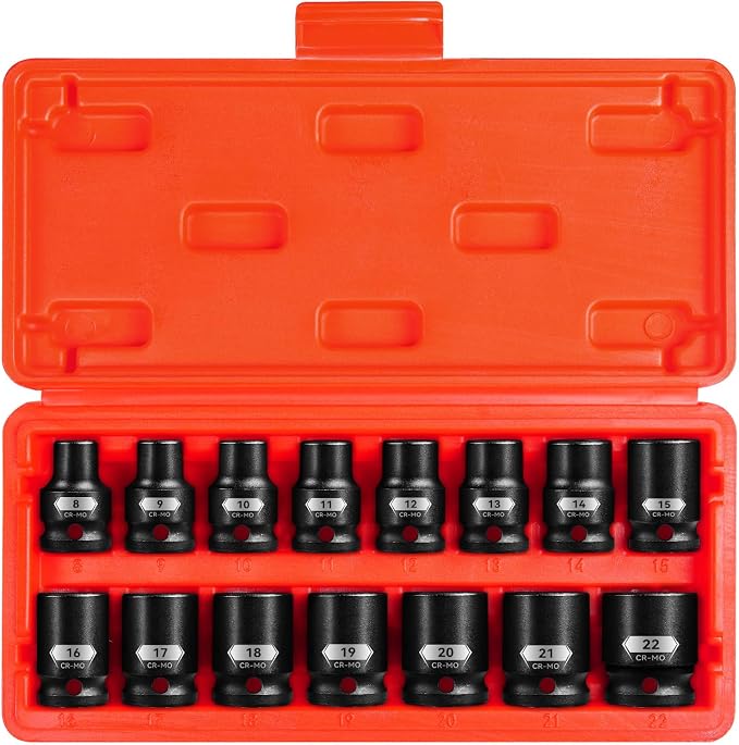 15-Piece 1/2" Drive Shallow Impact Socket Set, Metric Size (8-22mm) 12-Point Socket Set, CR-MO Steel for Automotive & DIY