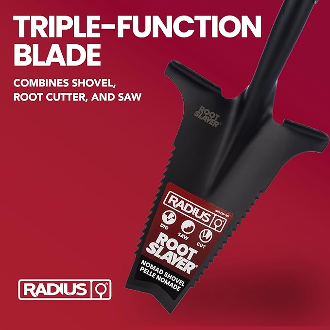 Root Slayer RS223 Nomad Mini Steel Garden Spade with Serrated Edge for Digging Soil and Roots, Compact Tool, Black
