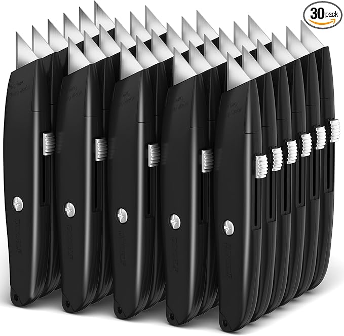DIYSELF 30 Pack Box Cutter Heavy Duty Aluminium Shell Utility Knife | SK5 Steel Sharp Blade | Retractable Knife for Cutting Cartons Ropes and Cardboard | Home and Office Use, PVC Pipe Cutter (Black)