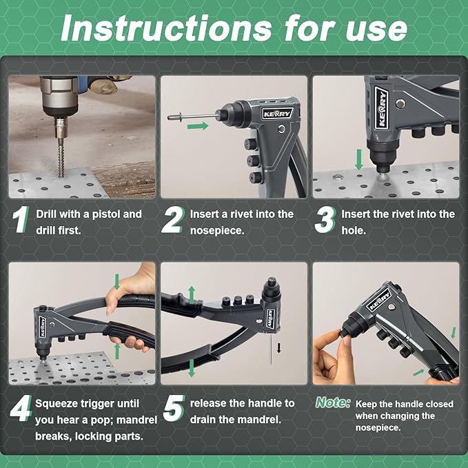 Kerry One-Handed Pop Rivet Gun Set - 9.6" Extended Ergonomic Handle, 4 Tool-Free Interchangeable Heads, 200 Aluminum Rivets (3/32" 1/8" 5/32" 3/16"), Professional Manual Riveting Tool for Metal Work