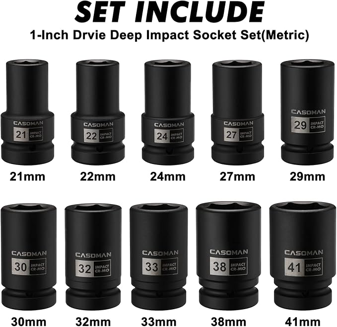 CASOMAN 10PCS 1-Inch Drive Deep Impact Socket Set, Metric, CR-MO, 21,22,24,27,29,30,32,33,38,41mm, Deep Spindle Axle Nut Impact Socket Set