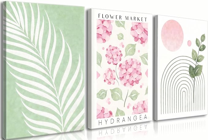 Framed Pink And Green Abstract Leaves Wall Art,Boho Botanical Canvas Wall Art Set of 3, Pink Hydrangea & Sage Palm Prints, Wall Decor for Girls Room Bedroom Living Room Bathroom, 12x16 Inch