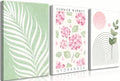 Framed Pink And Green Abstract Leaves Wall Art,Boho Botanical Canvas Wall Art Set of 3, Pink Hydrangea & Sage Palm Prints, Wall Decor for Girls Room Bedroom Living Room Bathroom, 12x16 Inch