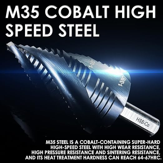 Matework M35 Cobalt Step Drill Bit, Four Spiral Flute Unibit Step Drill Bit (3/16"-1-3/8") Wear-Resistant TiAlN Coated, 3/8" Shank for Metal, Carbon Steel, Stainless Steel, Wood, Plastic (19 Size)