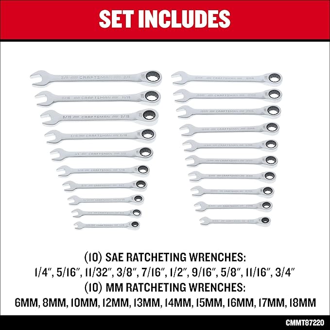 CRAFTSMAN Ratchet Wrenches Set, 20 Pc, 90 Tooth SAE/Metric Ratcheting Wrench Set with Case, 4 Degree Arc Swing (CMMT87220)