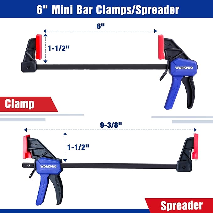 WORKPRO 6" Mini Bar Clamps for Woodworking, One-Handed Clamp/Spreader, Light-Duty Screw-Change F Clamp with 50lbs Load Limit, 2PC