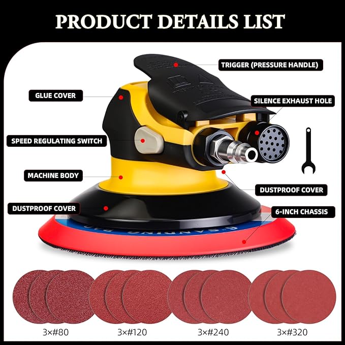 Low noise 5/6 Inch DA Sander for Auto Body - Lightweight, Powerful random orbital air sanders, Noise Reduction Design pneumatic sander (6 inch with 12 pcs Sandpaper)