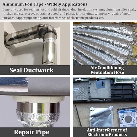 2PCS Premium Aluminum Foil Tape, Silver Metal Duct Tapes (2" x65Feet,3.9mil) with Adhesive Backing, High Temperature Heavy Duty Insulation Tape for Air Ductwork, Dryer Vents, HVAC, Sealing & Patching