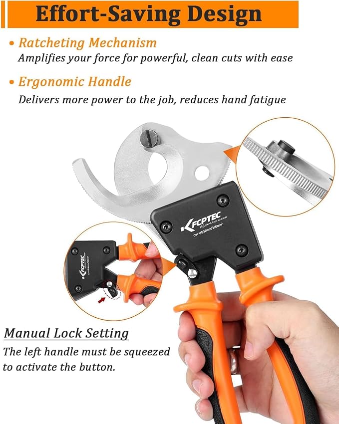 KF CPTEC Ratchet Cable Cutters Effortless up to 300mm²(AWG 600MCM) Ratcheting Wire Cutter for Electrical Aluminum, Copper & Multi-core Cables, Clean Cuts with No Fray