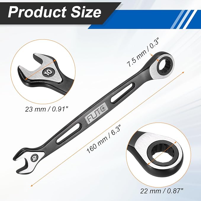 HARFINGTON Ratcheting Combination Wrench 10mm Stubby Wrench Metric High Carbon Steel Double 12-Point Box Open-Ended Ratchet Spanner Tool for Household Garage Workshop Auto Repairs, Black