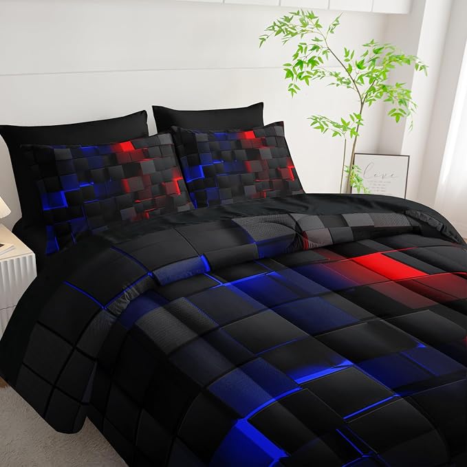 Nttopship Red and Blue Checkered Comforter Set Twin Honeycomb Bedding Sets,Light Honeycomb Bedding Set 7 Piece in A Bag,Bed Sheet Set Geometry Decor,Microfiber Lightweight All Season