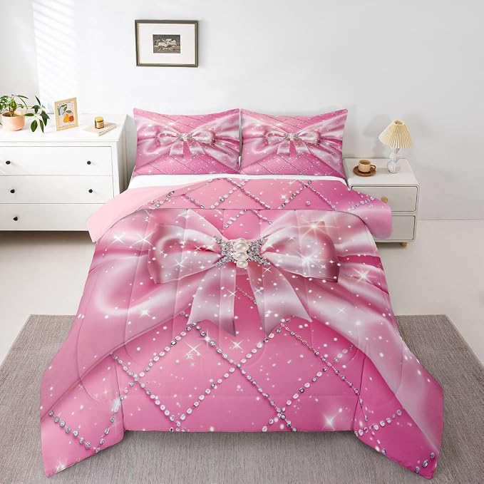 Feelyou Pink Bowknot Comforter Set All Season Ribbon Glitter Bow Bedding Set with 2 Pillow Cases Dreamy Princess Microfiber Kids King Bedclothes Bedroom Decor Duvet Quilt Breathable Soft Lightweight