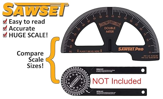Sawset Miter Saw Protractor SAWSET PRO. Patented No Math Scales. Large Scales are The Key to Accuracy. In Size Matters! In ABS Plastic.