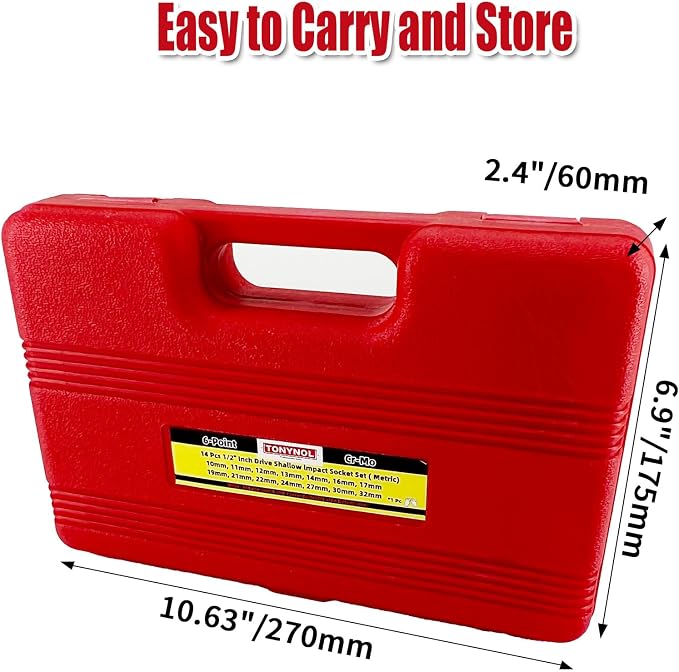 TONYNOL 1/2" Shallow Drive Impact Socket Set,6‑Point,Metric 10mm‑32mm,14Pcs | Cr-Mo Steel,With a Storage Case