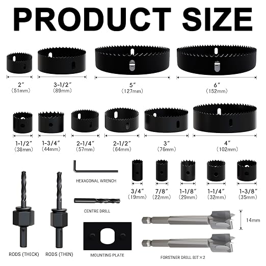 22PCS Hole Saw Set - High Carbon Steel 19-152mm（3/4" to 6"） Blades for Drywall, Soft Wood, Plastic, PVC Professional Grade with Instant Support