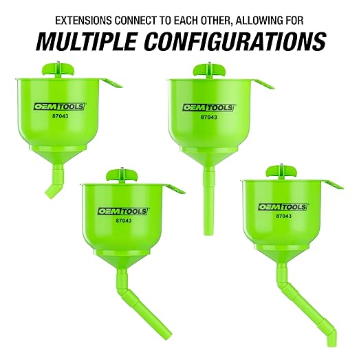 OEMTOOLS 87043 No-Spill Professional Quality Coolant Funnel Kit, Easily Fill Antifreeze Coolant Set Includes 5 Adapters, Extensions, and Automotive Funnel, Air Venting, Drip-Free, Green