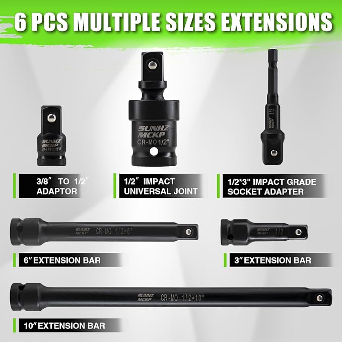 SUNHZMCKP 20 PCS 1/2" Impact Socket Set, Drive Deep 6 Point Socket Set, Including Standard SAE Sockets (3/8" to 1-1/4"), 3 ", 6", 10" Impact Extension Bar and Drill Socket Adapter, Cr-MO