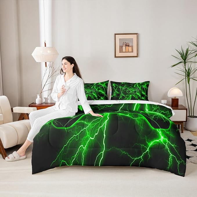 Gamer King Size Comforter Set with Sheets, Gaming 7-Piece Bedding Set Video Game Console Bed in a Bag, Green Lightning Room Decor,Boys Bedroom Decor