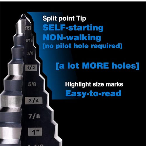 1/4 to 1-1/8 Inches M2 HSS Step Drill Bit, Unibit for Cutting Stainless Steel, Metal, Wood & Plastic