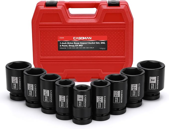 CASOMAN 1-Inch Drive Spindle Axle Nut Impact Socket Set, Deep, 1" to 2", 9PCS Impact Large Socket Set, 6-Point, SAE, CR-MO