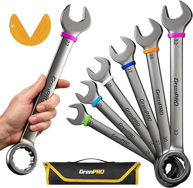 GRENPRO 23-32MM Large Metric Wrench Set, Combination Open End Wrench Sets | Long Wrench Tool set, 15-Degree Offset, 12-Point Box-End & Roll-Up Pouch With Gauge, Nickel plated CR-V, Convenient Storage