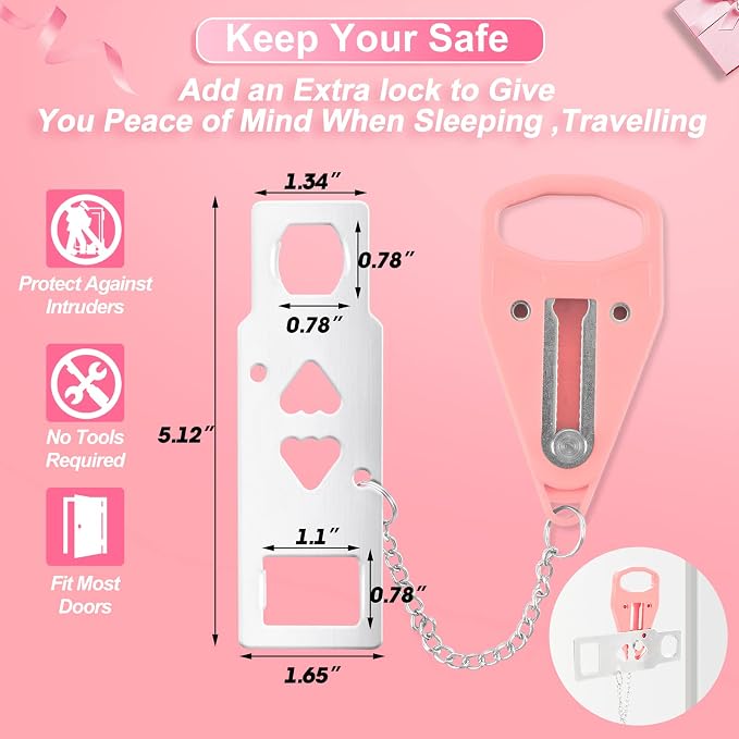 Portable Door Lock Home Security Door Locker Travel Lockdown Locks for Additional Safety and Privacy Perfect for Traveling Hotel Home Apartment College-Pink-4 Pack