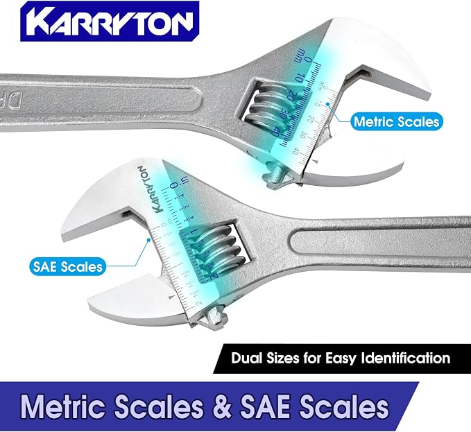15" Inch Adjustable Wrench with 1-3/4"(44mm) Max Jaw Opening (Scales Metric and SAE), Drop Forged Alloy Steel Adjustable Spanner for Various Fasteners, Chrome Plated Handle Polished