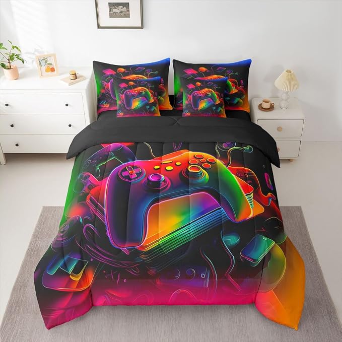 Erosebridal Gamer Bed in a Bag King Size Comforter Set 7 Pieces | Game Consoles Bedding Sets Modern Gaming Comforter and Sheet Set, Abstract Vintage Bed Sets