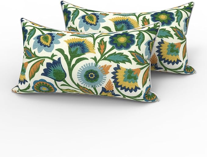 LVTXIII 2 Pack Outdoor Lumbar Pillows 12x20 Inch with White Piping, Fade Resistant Support Throw Pillows with Inserts for Patio Furniture, Sofa, Chair, Fiesta Floral
