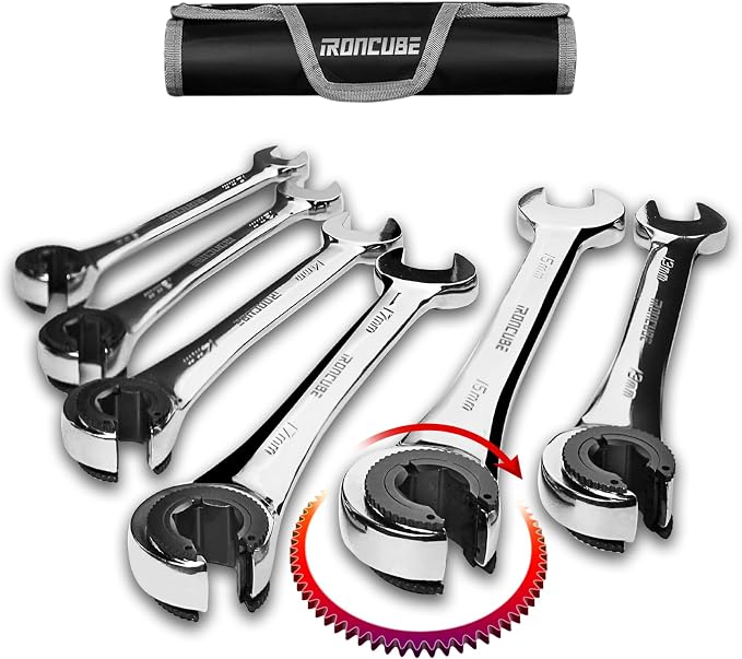 ironcube Brake Line Wrench Set: 6 Pcs Metric 10-17mm - Ratcheting Open-end for Nuts on Fuel, Brake or Air Conditioning Lines