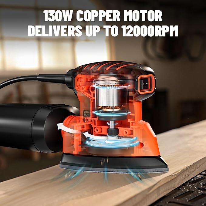 DOVAMAN 130W Detail Sander, 12000RPM Palm Sander Tool, Dust Collection System, 12PCS Sandpaper, Compact Hand Tool for Wood Steel Surfaces