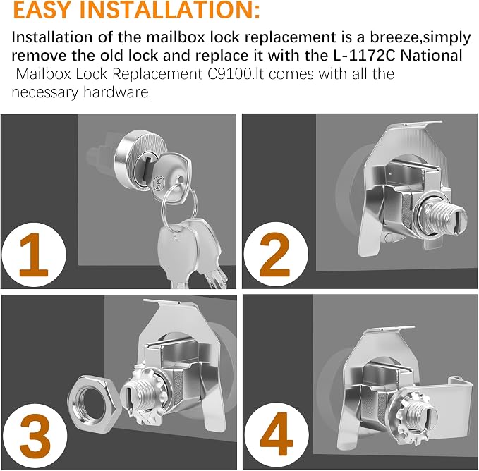 10 Pack L-1172C Mailbox Lock Replacement Includes 3 Keys Per Lock& 5 Locking Plates – C9100 National Standard Key Lock for Cluster Boxes,90° Clockwise Rotation
