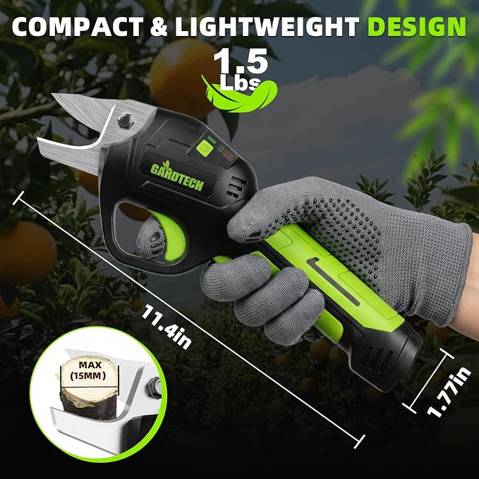 GARDTECH 7.2V Electric Pruning Shears, Ultra-light 1.5lbs Pruner for Garden | 4.0Ah Battery 1000 Cutting, 0.6in, Sharp Steel Blade Cordless Pruner Shears for Potted Plants, Flower and Fruits Trimming