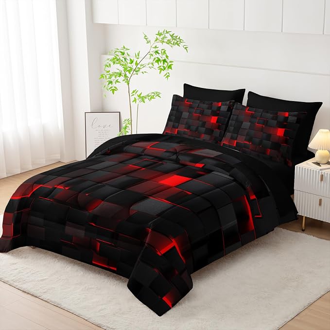 Nttopship Geometric Red Black Twin Comforter Set,Light Honeycomb Bedding Set 7 Piece in A Bag,Bed Sheet Set Geometry Decor,Microfiber Lightweight All Season
