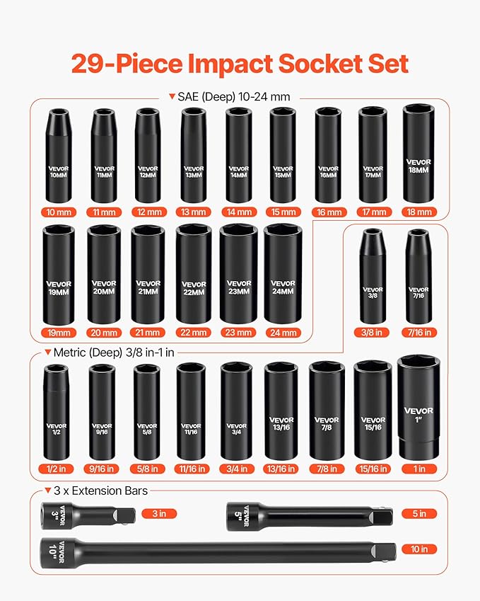 VEVOR 1/2" Drive Impact Socket Set, 29-Piece Deep Sockets | SAE (3/8 to 1 inch) and Metric (10 to 24 mm), 6 Point, CR-V Steel, Extension Bars (3", 5", 10"), Easy-to-Read Size Markings