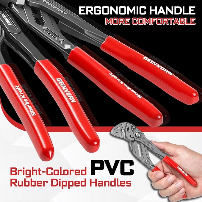 GEINXURN 7-Inch Pliers Wrench, 4PCS Smooth V-Jaw Pliers with 15-Position Push-Lock, Fast Adjustable Slip Joint Pliers Set for Plumbing, Home Repair, and Pipe Fittings