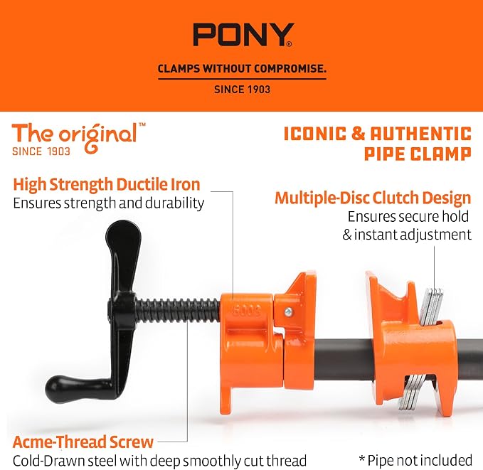 PONY ORIGINAL 2-Pack 50 Wood Gluing Pipe Clamp Fixture for 3/4 Inch Black Pipe